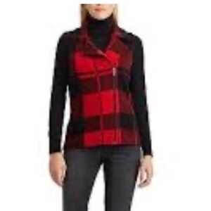 Chaps Red Black Buffalo Plaid Zip Front Sweater Vest Sleeveless Winter Womens  M
